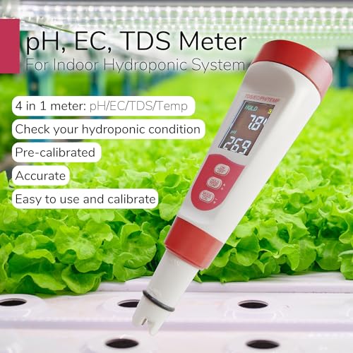 4-in-1 pH Meter TDS EC Meter for Hydroponics Growing System, Digital Water pH Tester for Hydroponic Nutrient Plant Food Solution, DWC Setup and Indoor Garden, Compatible with Aerogarden