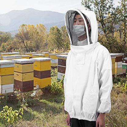 Beekeeping Jacket, Polyester Cotton Beekeeping Jacket, Beekeeping Veil Jacket with Double Zippers, Breathable Beekeeping Clothing for Protect Face (White) - color: White