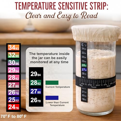 Sourdough Starter Jar 24oz, Wide Mouth Glass Jar with Date Marked Feeding Band, Thermometer, Lid, Cloth Cover & Spatula, Sourdough Bread Baking Supplies, Sour Dough Starter Kit for Beginners (6 Pcs)