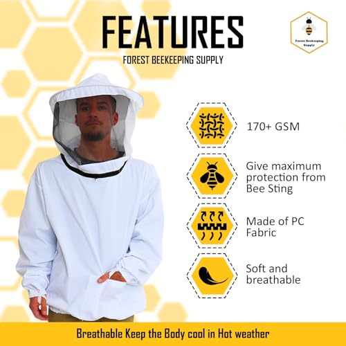 Beekeeping Jacket – Pullover Smock Jacket with Removable Veil, Thumb Straps, and Tool Pockets (Large) - size: Adult Large - Jacket