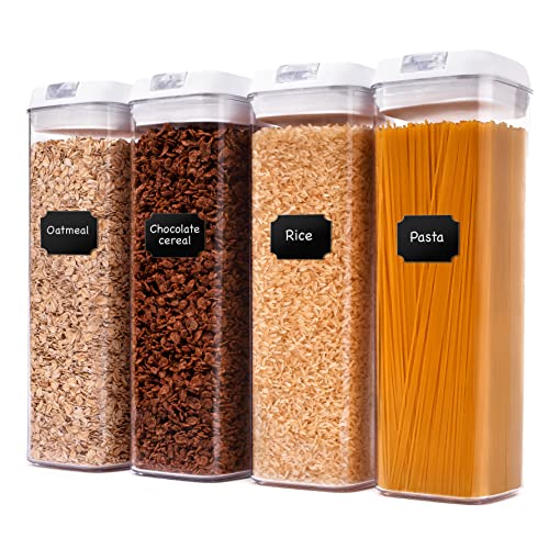 Cheer Collection One Size Airtight Food Storage Containers - Set of 4 IDENTICAL 65 oz Pantry Organizer Bins plus Marker and Labels - White lids - color: White