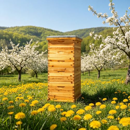 Coated Bee Hive Starter Kit, 5-Layer Langstroth Beehive & 2 Deep and 3 Medium Super Boxes, Premium 10-Frame Wood Honey Bee House with Waterproof Metal Top Cover & Queen Excluder, No Frames