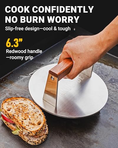 Smash Burger Press 8 Inch, 3.1 Lb Burger Smasher, Heatable for Searing Panini, Steak, Chicken, Salmon, Stainless Steel Bacon Press, Flat Bottom, Seasoning Free, Wooden Handle No Spin - size: 8"