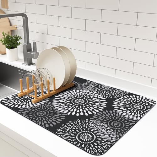 LuxStep Dish Drying Mat Super Absorbent Kitchen Counter Mat Rubber Backing Draining Mat Easy to Clean Kitchen Accessories Dish Rack Pad for Dishes, Utensils, Countertops, Sinks 15" x 18" Black - color: Black, size: 15" x 18"