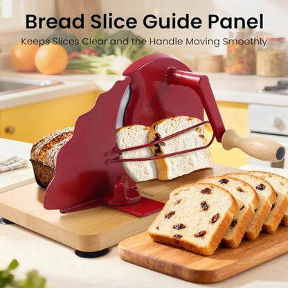 Manual Bread Slicer for Homemade Bread, Bread Cutter for Adjustable and Even Slices, Classic Hand Crank Sourdough Slicer with Scale Line & Powerful Suction Cup, Sharp Stainless Steel Blade (Red) - color: Red