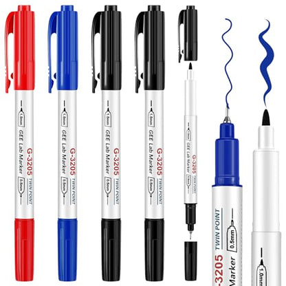 5 Pack Alcohol Resistant Laboratory Markers, Black Dual Head Permanent Freezer Pens with 0.5mm Fine Point and 1.0mm Makers Tip, Designed for Industrial, Lab and Hospital Use
