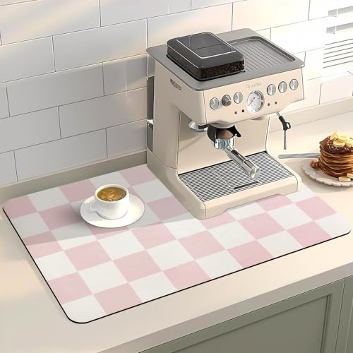 Dish Drying Mat for Kitchen Counter,16"x 24" Super Absorbent Kitchen Dish Drying Pad, Heat Resistant Drainer Mats with Non-slip Rubber Backed, Pink Checkered Coffee Bar Station Accessories - color: Pink Checkered, size: 24" x 16"