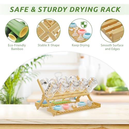 DSVENROLY Baby Bottle Drying Rack Foldable Vertical Bamboo Milk Bottle and Accessories Organizer for Busy Parents, Maximizes Space, Quick Drying, Easy Cleanup & Storage (Bamboo)