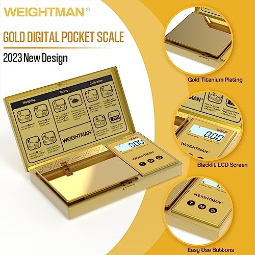 WEIGHTMAN Digital Scale Gram, 200g/0.01g Pocket Scale Gold Titanium Plating, LCD Backlit Display, Mini Jewelry Scale with 6 Units, Auto Off, Tare Function for Food, Coins, Battery Included - color: Gold