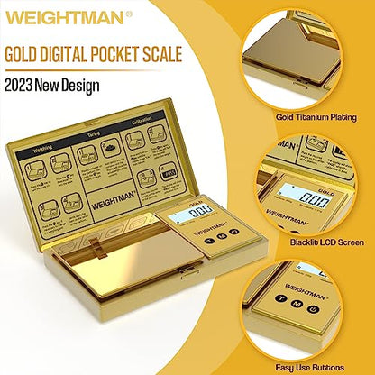 WEIGHTMAN Digital Scale Gram, 200g/0.01g Pocket Scale Gold Titanium Plating, LCD Backlit Display, Mini Jewelry Scale with 6 Units, Auto Off, Tare Function for Food, Coins, Battery Included - color: Gold