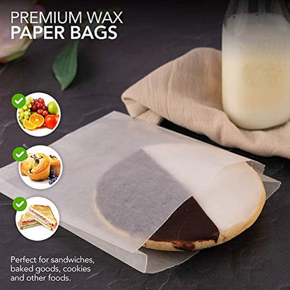 Paper Sandwich Bags Bulk Wax Paper (200 Pack) 7" x 6" x 1" Wet Wax Paper - Food Grade Grease Resistant Wax - White Glassine Bags - Paper Bags for Bakery Cookies, Candy, Snacks, French Fries