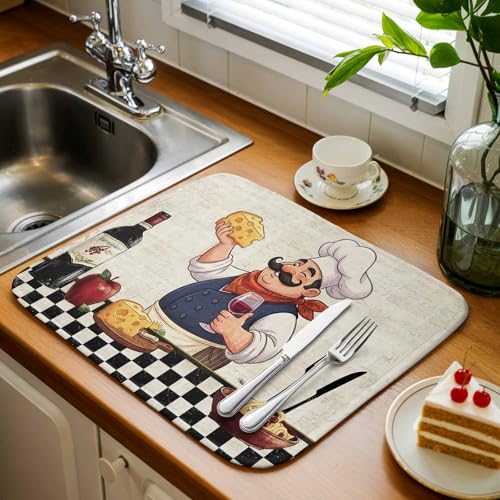 Dish Drying Mat for Kitchen Counter, Smiling Chef Cheese Wine Absorbent Dish Mats Foldable Microfiber Drainer Pad 1PCS 18"x16", Retro Kitchen Art Plate Holder Mat for Countertop Sink Decor - size: 1PCS-16x18in