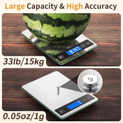 Food Scale, 15kg/33lb Digital Kitchen Scale with Stainless Steel & Tempered Glass, 1g/0.05oz Precise Weighing, Splash-Resistant and Sturdy Surface, for Cooking, Baking, Weight Loss, Meal Prep - color: Non-Rechargeable-Black
