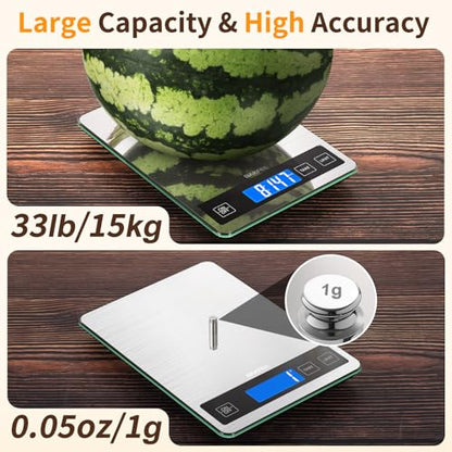 Food Scale, 15kg/33lb Digital Kitchen Scale with Stainless Steel & Tempered Glass, 1g/0.05oz Precise Weighing, Splash-Resistant and Sturdy Surface, for Cooking, Baking, Weight Loss, Meal Prep - color: Non-Rechargeable-Black