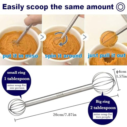Miso Measuring Whisk, Made in Japan, 18-8 Stainless Steel Miso Muddler, Dual-Sided Measuring Spoon (1 & 2 Tablespoons), Small Whisk, Tsubame Sanjo Craftsmanship