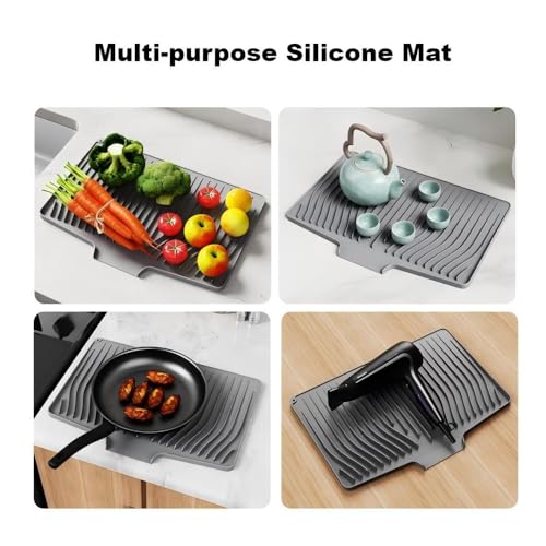 Silicone Dish Drying Mat with Raised Drainage Edges,Non-Slip and Heat-Resistant,Includes Hanging Hole,Kitchen Countertop Drying Mat,Easy to Clean(18.9" x 13.58", Grey)