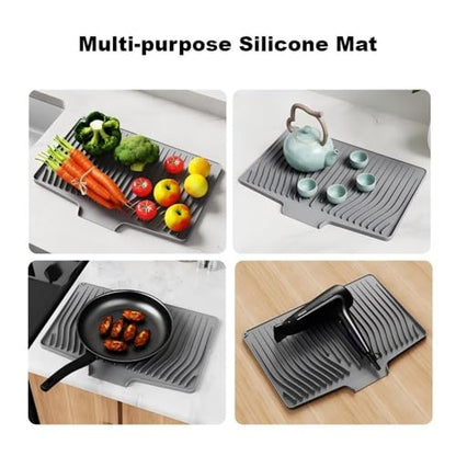 Silicone Dish Drying Mat with Raised Drainage Edges,Non-Slip and Heat-Resistant,Includes Hanging Hole,Kitchen Countertop Drying Mat,Easy to Clean(18.9" x 13.58", Grey)