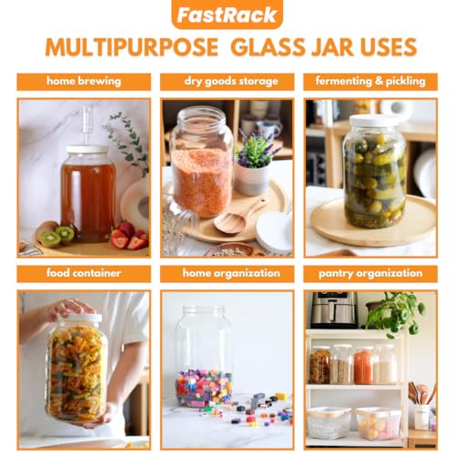 FastRack 1 Gallon Glass Jar with Plastic Screw-On Lid | Wide Mouth 1 Gallon Jar for Fermentation, Pickling & Food Storage | Large Glass Canister for Kombucha, Dry Goods & More - size: 1 Pack