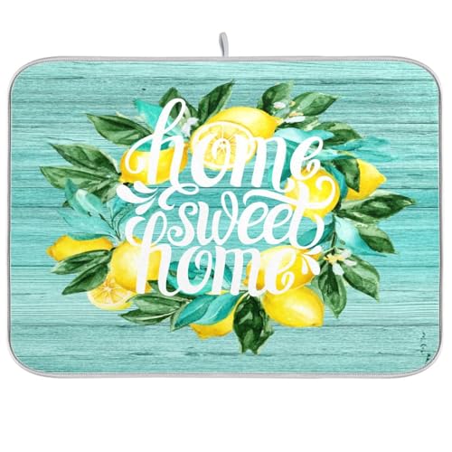 Dish Mat Absorbent, Reversible, Microfiber,Dish Drying Mat for Kitchen, Farmhouse Dishes Drainer/Rack for Countertop Fast Drying Teal Turquoise Green Wood Wreath Lemon - color: Farm, size: 18x24in