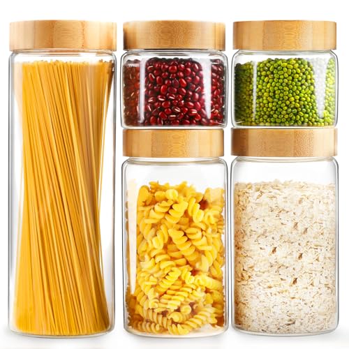 AISIPRIN Airtight Glass Jar with Lid, Glass Storage Containers with Screw On Bamboo Lids, for Cookie, Pasta, Cereal Storage Containers, 5Pcs 80oz 50oz 27oz Canisters Sets for the Kitchen - size: 5 jars: 80oz, 50oz, 27oz