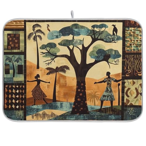 African Tree Figure Dish Drying Mat for Kitchen Counter Super Absorbent Draining Mat with Non-slip Backed Dish Rack Pad for Countertops Sinks Draining Racks Dish Bottles Cups Bowl