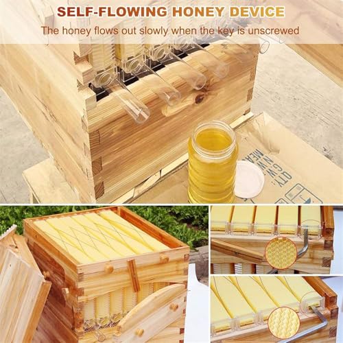 Beehive Starter Kit, Self-Flowing Honey Beehive with Observation Window and Honey Spout, Bee Hives Boxes with Built-in Honey Extraction System for Backyard Beekeeping Cabin Style Beehive