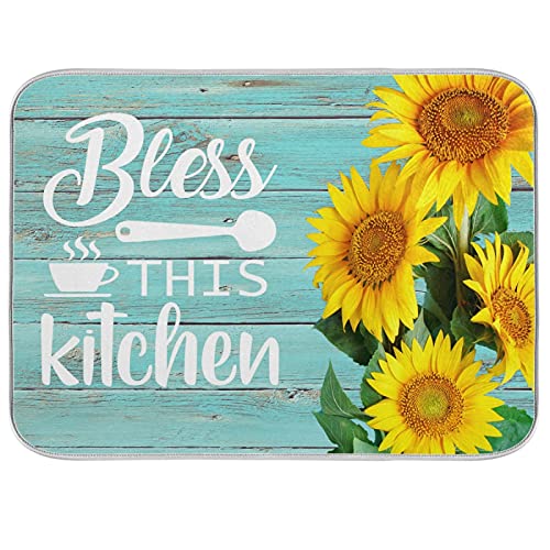 Dish Drying Mat for Kitchen Sunflower Bless This Kitchen Counter 18 x 24 inch-Absorbent Microfiber Dish Mat, Reversible Drying Pad Dish Drainer Rack Mats for Countertop Fast Dry - color: Bless, size: 16x18in