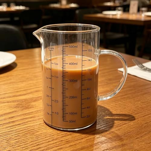 500ML Glass Measuring Cup with Bamboo Lid, High Borosilicate Glass Liquid Measuring Cups with Handle, Easy-Read OZ/Cup/ML Scales & V-Spout for Kitchen, Baking, Coffee, Restaurant