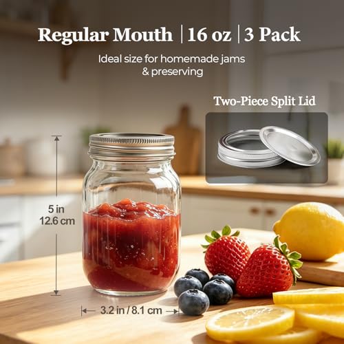 ComSaf 16 oz Regular Mouth Mason Jars, 3-PCS Safety-Button Lids | Button seal indicator/airtight, Pint soda-lime glass, BPA free, Canning safe, Freezer/dishwasher safe, Meal Prep Storage
