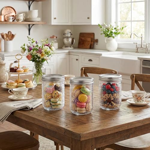 WELLIFE 6-Pack 16 oz Mason Jars with Lids – Wide Mouth Textured Glass Jars, Airtight Leak-Proof Canning Jars for Food Storage, Pickling, Fermenting, Freezing & Crafts - color: Dot Mason Jars 16oz-6Pcs