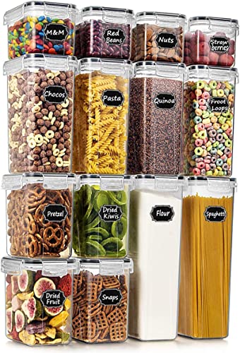 Wildone Airtight Food Storage Containers with Lids, 14PC Plastic Kitchen Storage Containers for Pantry Organization and Storage, Cereal, Flour and Sugar Containers, Include 20 Labels & Pen - color: Black