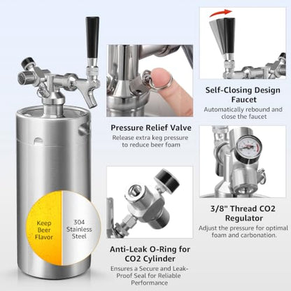 MRbrew 128oz Mini Beer Keg Growler Mini Kegerator - Portable Draft Beer Dispenser System, Pressurized Stainless Steel Beer Growler Tap with CO2 Regulator & Beer Tap for Fresh Beer, Home Bar Party&Gift