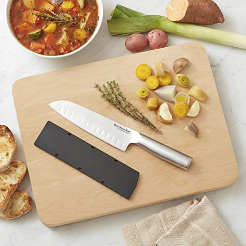 KitchenAid Gourmet Forged Stainless Steel Santoku Knife with Blade Cover, Sharp Kitchen Knife, High-Carbon Japanese Stainless Steel, 7 Inch, Brushed Stainless Steel - style: 7-Inch Santoku Knife