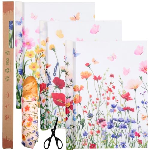 3 Rolls Reusable Beeswax Wraps for Food 13 x 40 Inches Bees Wax Wraps Reusable Food Storage Wrap Beeswax Paper Roll for Bread Sandwich Cheese Fruit Snacks(Spring) - style: Spring