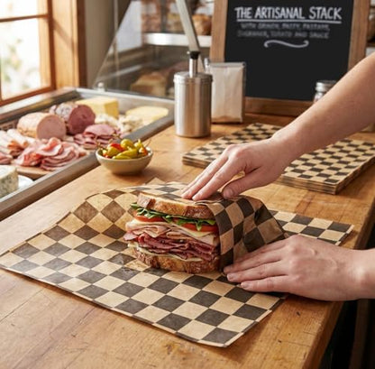 MADE IN USA 1,000 Sheets of Grease-Resistant Food Grade Waxed Kraft Deli Tissue Paper, 12" X 12" (Black & Brown Checker Print) - color: Black & Brown Checker Print