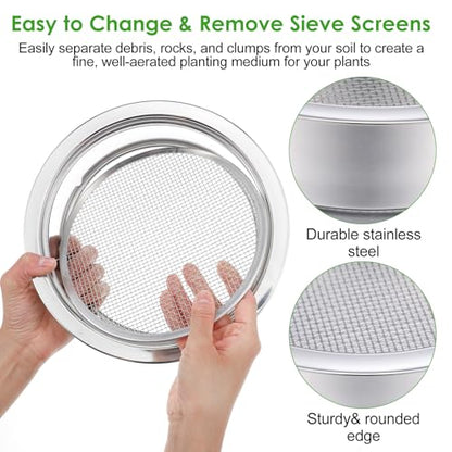 5 Pcs Soil Sifter Set, Stainless Steel Garden Sieve with 5 Interchangeable Meshes 1/3/6/9/12mm, 8 Inch Diameter for Gardening, Compost, Bonsai, Dirt and Sand Sifting, with Shovel, Silver