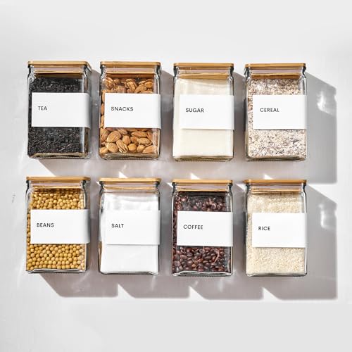 Glass Storage Jars with Bamboo Lids, 27oz Square Spice Jars for Kitchen Pantry Organization, Glass Seasoning Bottles Spice Containers with Labels for Cereal Flour Beans Tea - color: white
