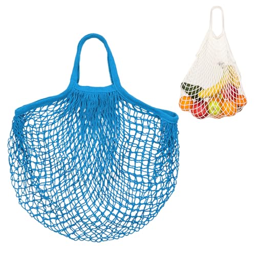 M METERXITY 1-Pack Cotton Mesh Bag, Reusable Washable Mesh Net String Grocery Bags, Reusable Produce Bags with Handle, Net Tote Bag for Fruits/Vegetables Shopping [Blue, Short Handle] - color: Blue