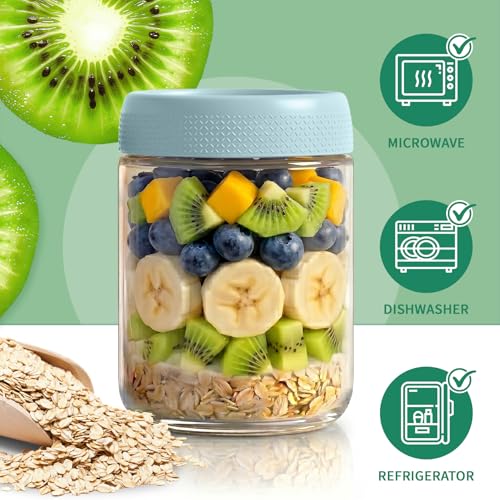 6 Pack Overnight Oats Containers with Lids, Mason Jars 16 oz with Lids, Yogurt Containers for Meal, Wide Mouth Glass Storage Jars for Pudding, Snack, Prep, Oatmeal, Sugar, Food, Chia, Seed - color: Mint Breeze