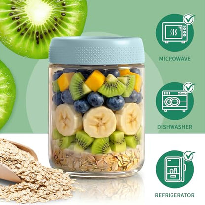 6 Pack Overnight Oats Containers with Lids, Mason Jars 16 oz with Lids, Yogurt Containers for Meal, Wide Mouth Glass Storage Jars for Pudding, Snack, Prep, Oatmeal, Sugar, Food, Chia, Seed - color: Mint Breeze