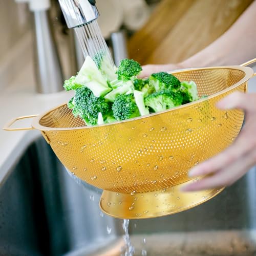 3 Pcs Stainless Steel Gold Colander and 3 Pcs Fine Mesh Strainer Set,1/3/5 Quart Metal Mesh Basket with Handles for Kitchen, Draining Pasta, Rinsing Fruit, and Cooking (Gold)