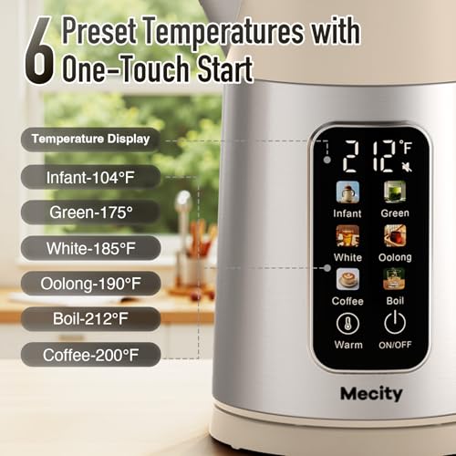 Mecity Electric Kettle 1.7L Touch Screen Temperature Control Water Boiler, No Plastic Contact with Water. 6 Presets For Tea and Coffee, 2 Hours Keep Warm, Auto Shut Off, Cream & Stainless Steel Color - color: Silver & Cream