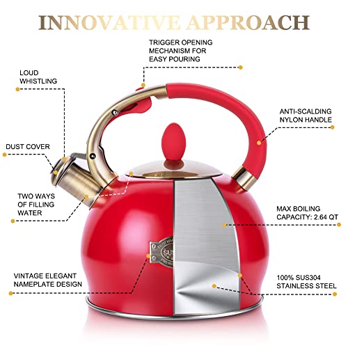 SUSTEAS Stove Top Whistling Tea Kettle - Food Grade Stainless Steel Teakettle Teapot with Cool Touch Ergonomic Handle, With 1 Silicone Pinch Mitt Included, 2.64 Quart(RED) - color: Red
