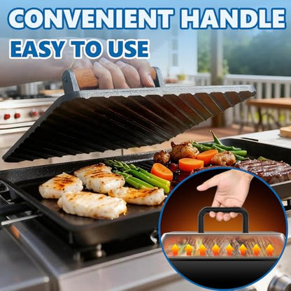 SafBbcue 14" Stainless Steel Rectangle Cheese Melting Domer Basting Cover & Cast Iron Rectangle Griddle Smash Burger Grill Weight Press for Blackstone, Pitboss, Camp Chef Flat Top Grills Accessories - style: 14InDome+10In Press