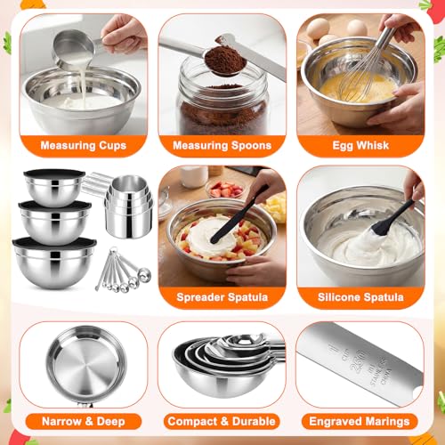 18 Pack Stainless Steel Mixing Bowls with Lids Set Includes Stainless Steel Measuring Cups and Spoons Wire Balloon Whisk Silicone Spatulas Suitable for Kitchen Cooking Baking(Black) - color: Black