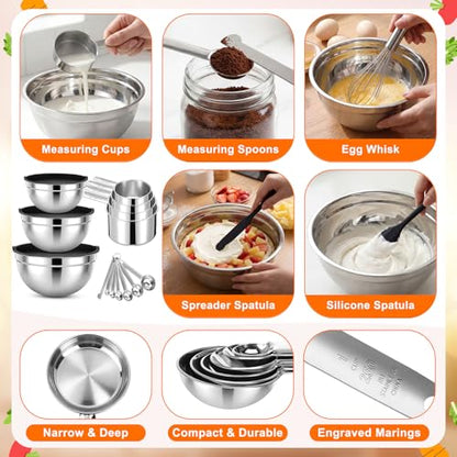 18 Pack Stainless Steel Mixing Bowls with Lids Set Includes Stainless Steel Measuring Cups and Spoons Wire Balloon Whisk Silicone Spatulas Suitable for Kitchen Cooking Baking(Black) - color: Black