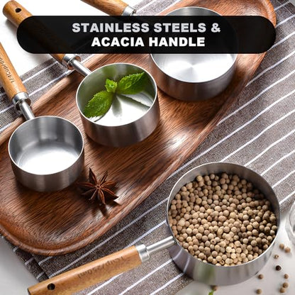 SHIKORI Gold Measuring Cups and Spoons Set with Wood Handles, Premium Stainless Steel Measuring Spoons and Measuring Cups Set-Silver - color: Silver