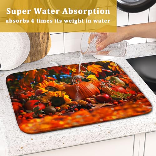 Fall Harvest Pumpkin Dish Drying Mat for Kitchen Counter,Thanksgiving Maple Leaves Sunflower Drying Mat 16 x 18 Inch with Absorbent Reversible Microfiber Dish Drying Pad for Coffee Bar - size: 16" x 18"