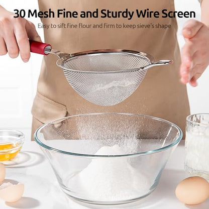 U-Taste Medium Fine Mesh Strainer: 18/8 Stainless Steel 4.73in 30 Mesh Kitchen Food Sieve with Sturdy Riveted Silicone Handle, Heavy Duty Deep Handheld Metal Colander for Rice, Quinoa, Flour (Red) - color: (4) Red, size: M-4.73in