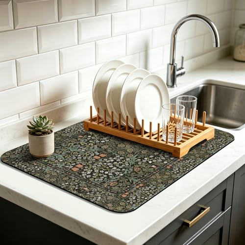 Vintage Floral Dish Drying Mat 16x18 Inch, Dish Mat Drying Kitchen Mats for Extra Large Absorbent Countertop, Aesthetic Boho Drying Matt Kitchen Counter Washable Heat Resistant Dish Drainer Rack Mat - color: Bohemian Flowers-11, size: 18" x 16"